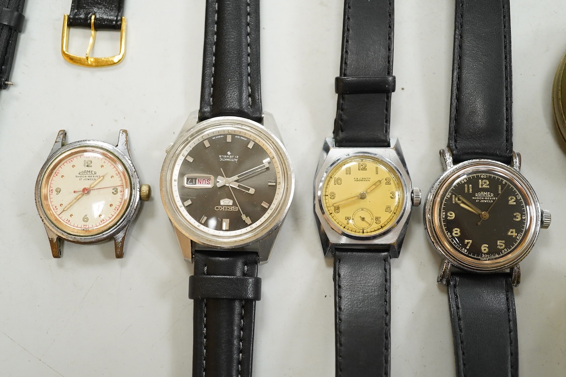 Four assorted wrist watches including two Roamer and a Seiko 5 automatic, a Military issue open faced stopwatch, a watch case opening tool, winding crown, two lug bars and five watch straps.